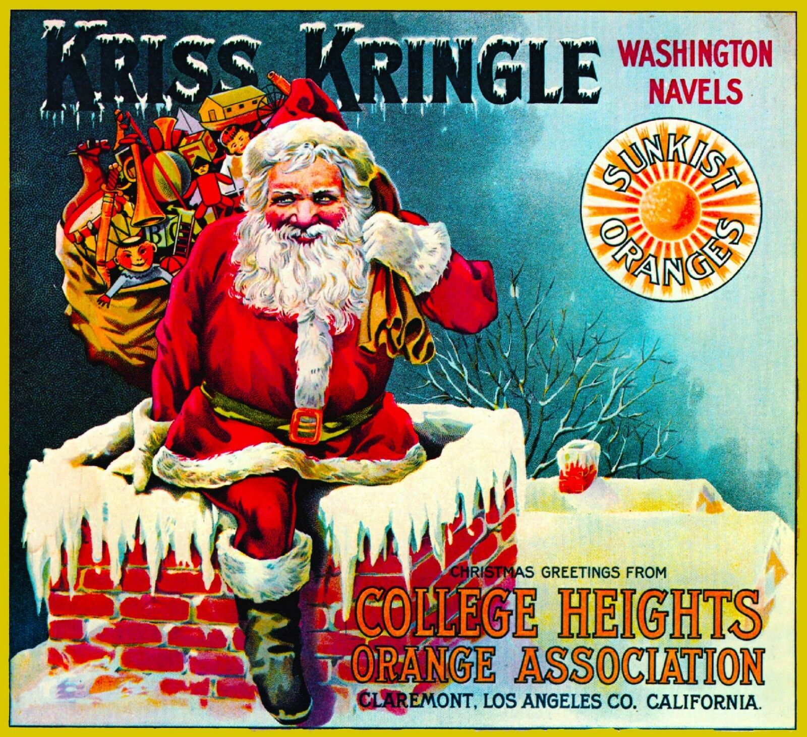 Claremont Kriss Kringle Santa Claus Christmas Orange Fruit Crate Label Art Print