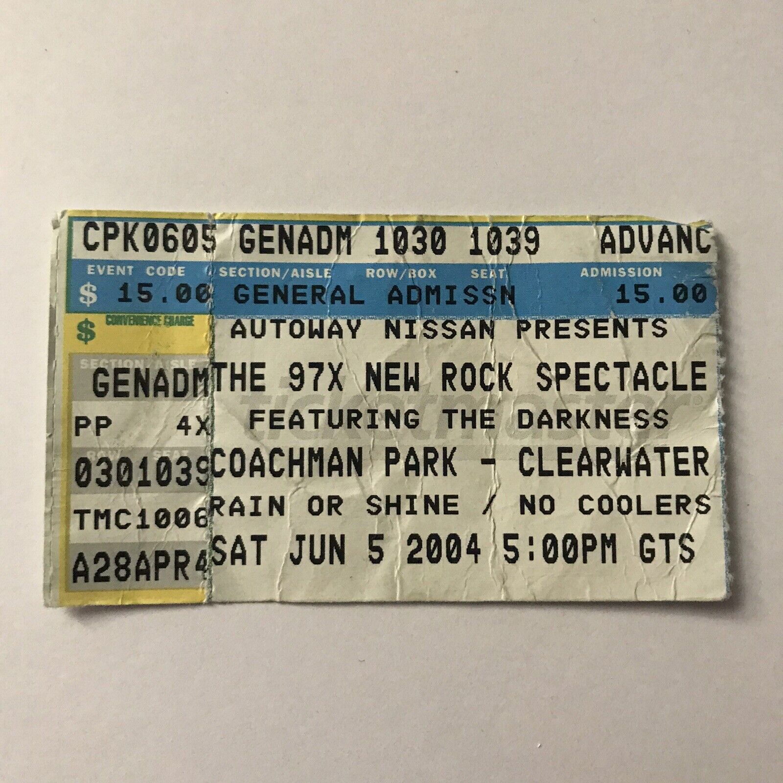 The Darkness Coachman Park 97x Clearwater Fl Concert Ticket Stub Vtg June 2004