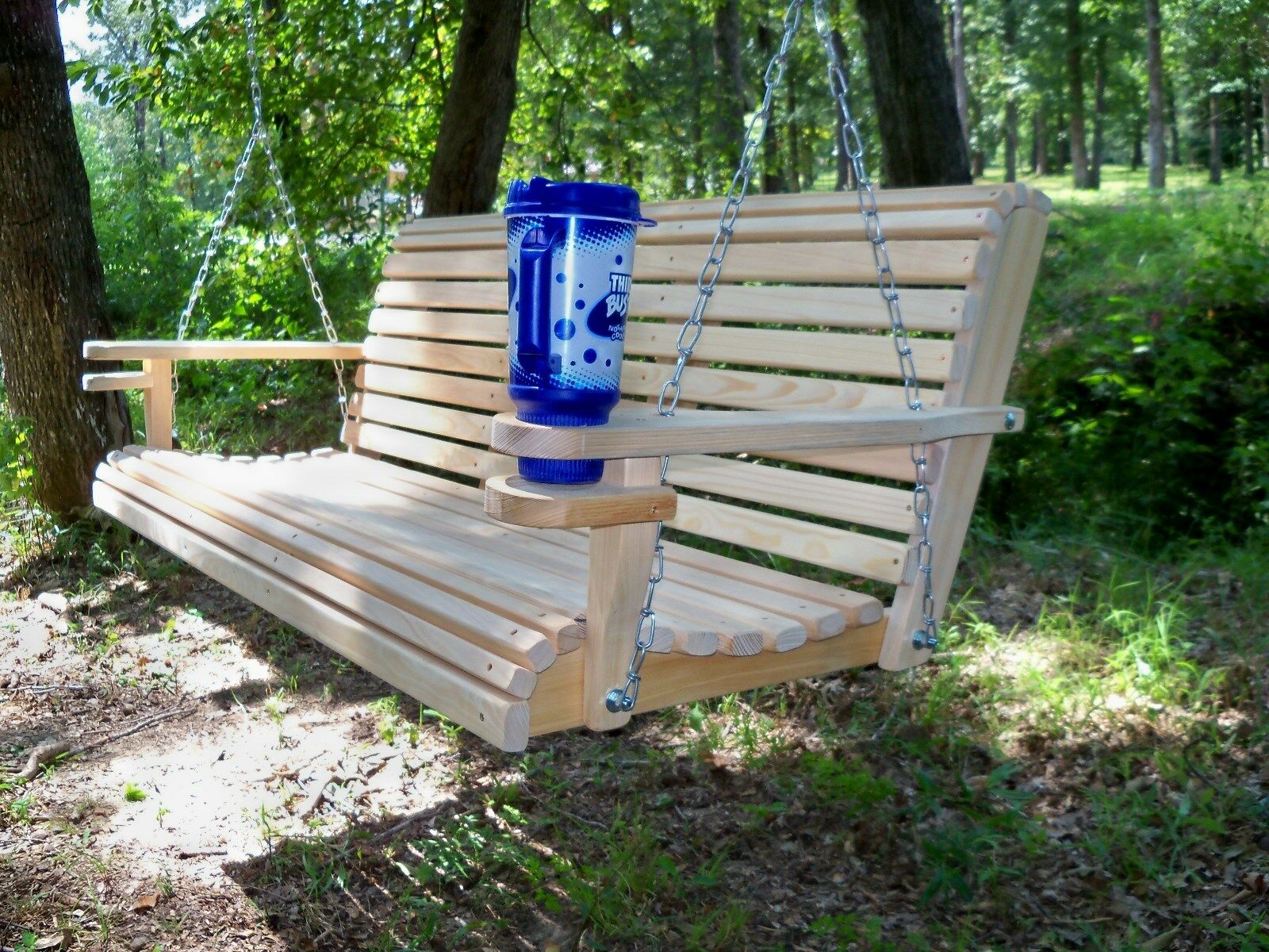 5ft Cypress Deluxe Roll Wood Porch Swing Finished W/ Cupholders And Springs.