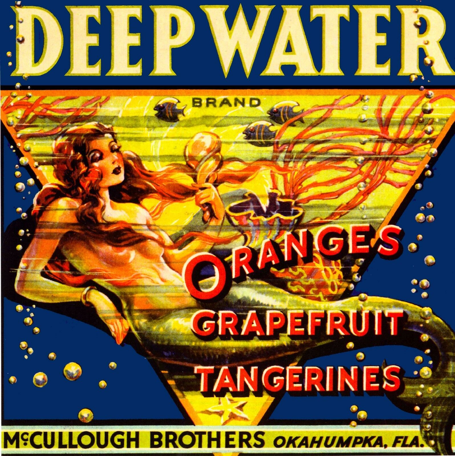 Okahumpka Deep Water Florida Mermaid Orange Fruit Crate Label Art Print