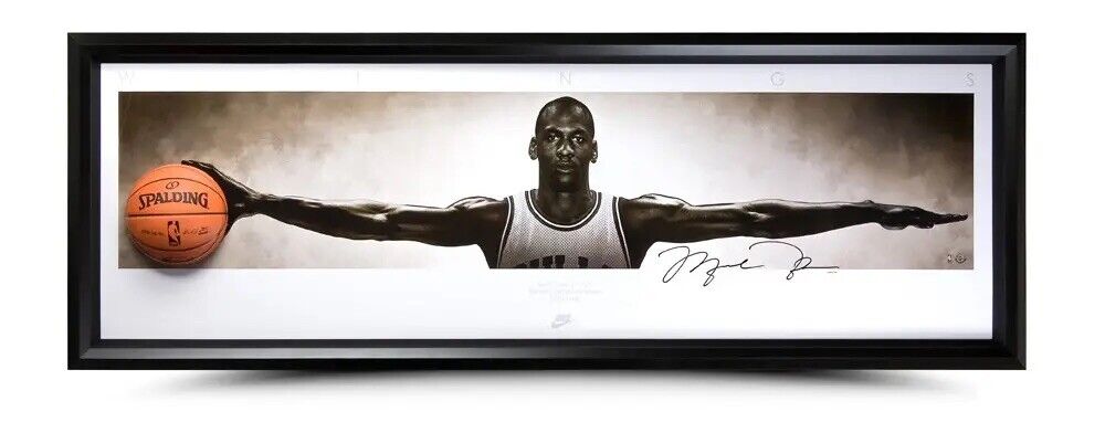 Michael Jordan Autographed Wings Breaking Through Photo - Framed Uda Coa 90x31