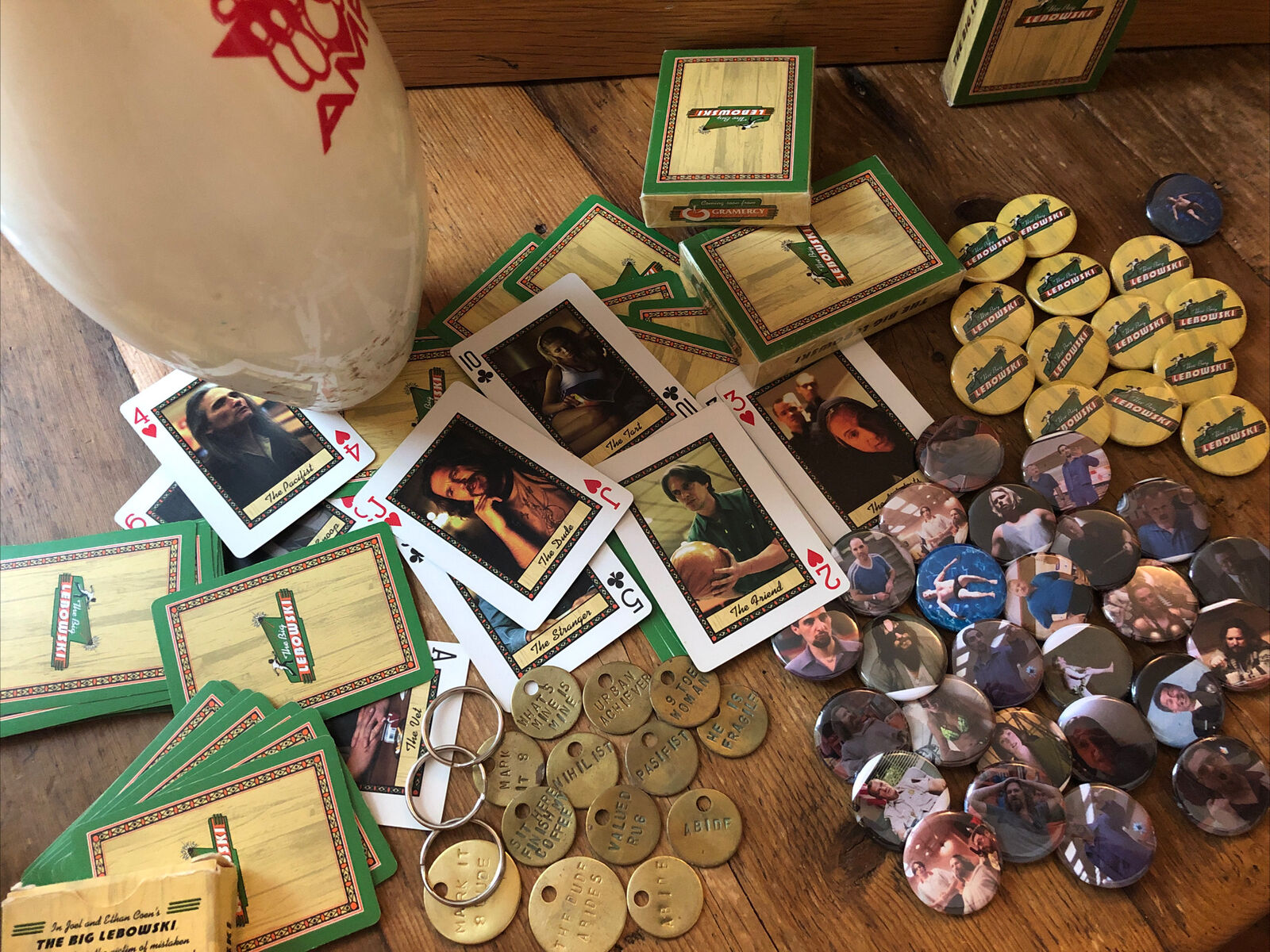 The Big Lebowski Playing Cards, 4 Pins, 1 Bowling Trophy Pin, & A Key Chain