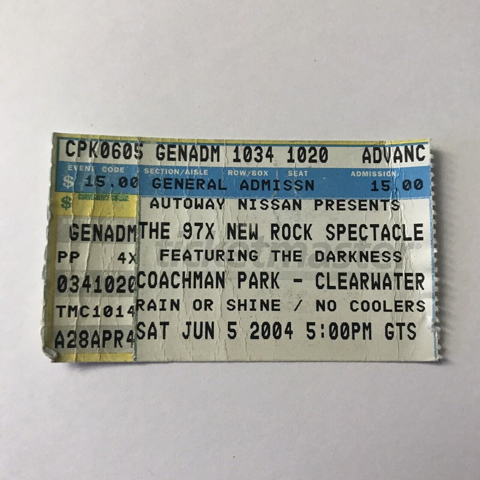 The Darkness Coachman Park 97x Clearwater Fl Concert Ticket Stub Vtg June 5 2004