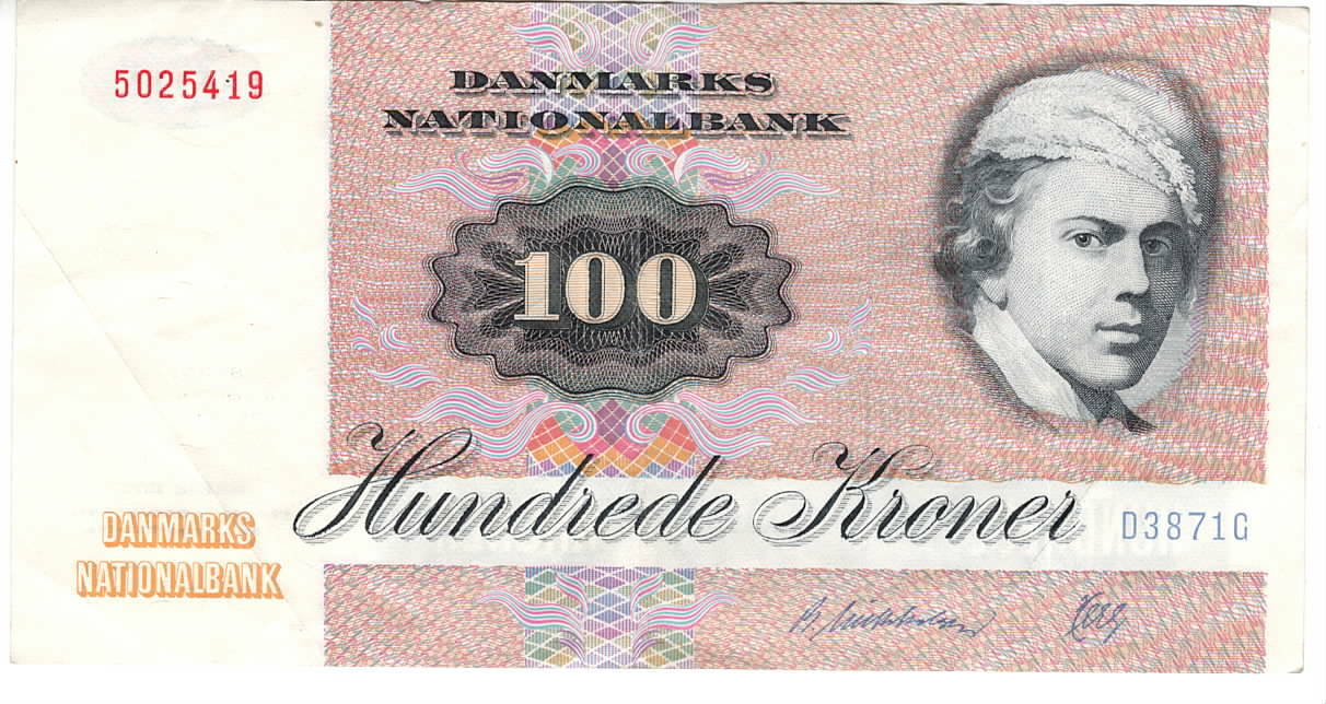 Denmark 100 Kroner Vf/xf Banknote (1987) P-51q Prefix D3 Mikkelsen-herly Sign