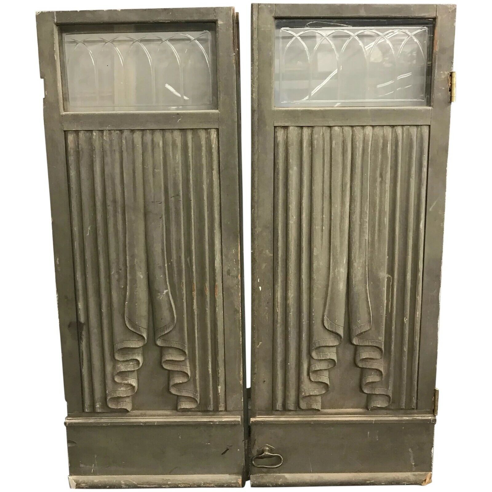 Pair Of Early 20th C Wooden Hearse Or Funeral Carriage Doors With Glass Transoms