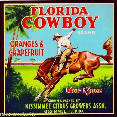 Kissimmee Florida Cowboy #3 Orange Citrus Fruit Crate Label Vintage Art Print