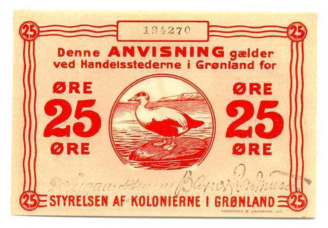 Greenland Styrelsen Af Kolonierne I Gronland State Note 25 Ore 1913 Au/unc Rare